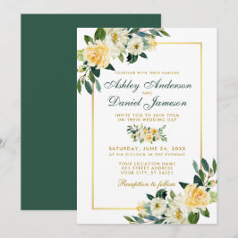 Convites Verde Dourado Amarelo Floral Elegante de Casamento