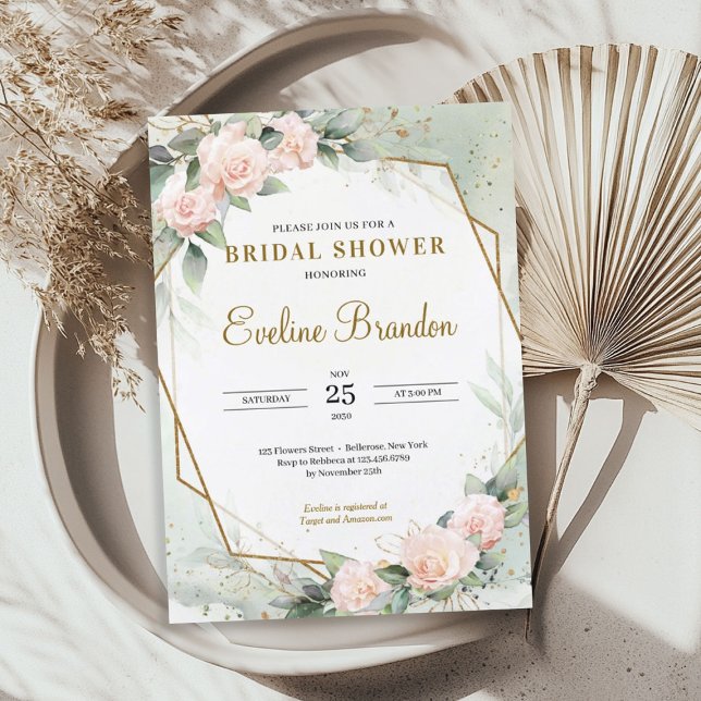 Convites Verde Dourado Cor-de-rosa penteado (Blush Pink Floral Greenery Gold Frame Bridal Invitation)