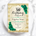 Convites Verde Dourado Elegante Floral 50º Aniversário<br><div class="desc">50º Convite de aniversário. Elegante design verde esmeralda floral com rosas. Funcionalidades com listas de ouro de brilho inverso e letra de script. Perfeito para uma comemoração de dia das mulheres na moda. Pode ser personalizado para qualquer idade! Impressos convites Zazzle ou modelo de impressão digital instantânea para download.</div>