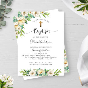 Convites Verde e Batismo Floral Amarelo Dourado e Branco