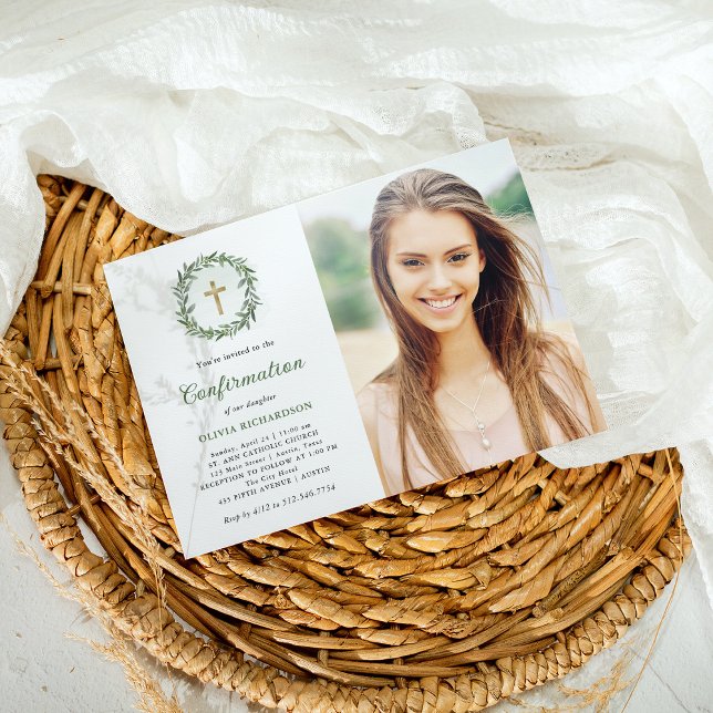 Convites Verde e Cruz Dourada | Confirmação de Foto (Criador carregado)