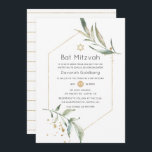 Convites Verde e Dourada Bat Geométrico Mitzvah<br><div class="desc">Convite de morcego floral verde-floral em forma de aquarela em tons pastel com quadro geométrico dourado personalizável para suas especificidades de evento.</div>