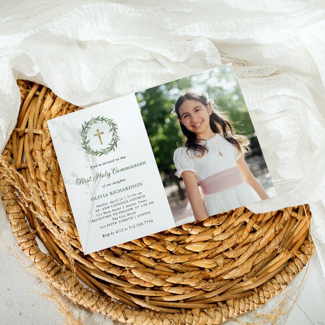 Convites Verde e Dourada Foto Cruz Primeira Comunhão Sagrad (Criador carregado)
