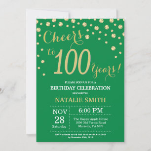 Convites Verde e Dourado Aniversário de 100 Diamante