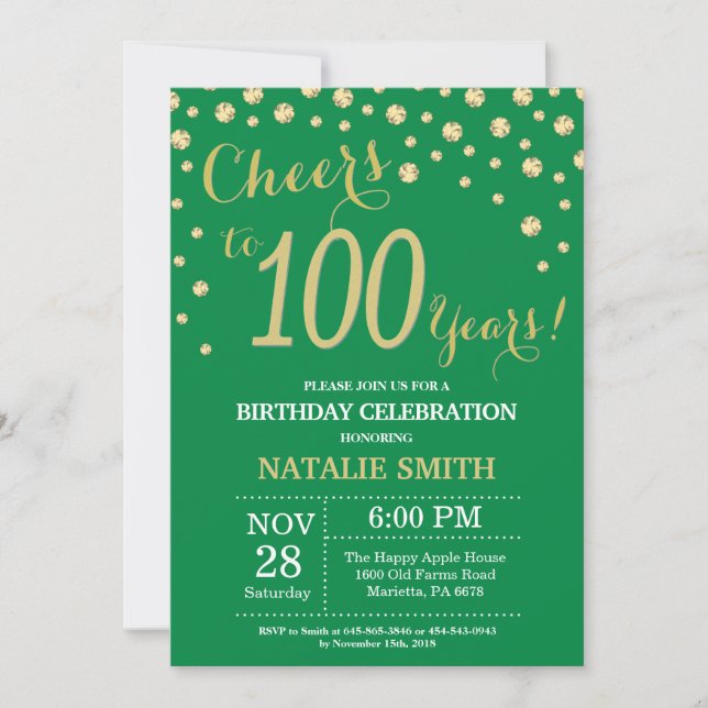 Convites Verde e Dourado Aniversário de 100 Diamante (Frente)