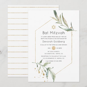Convites Verde e Dourado Brilho Geométrico Bat Mitzvah
