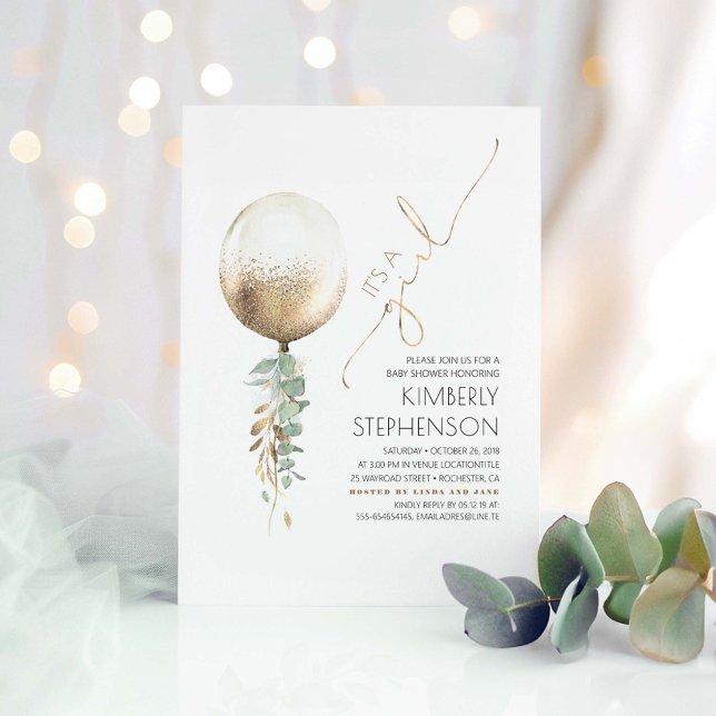 Convites Verde e Dourado Chá de fraldas de Balão Glitter (It's a Girl Gold Balloon and Greenery Baby Shower Invitations)