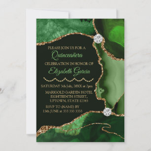 Convites Verde e Dourado Falso Brilho Ágata Quinceanera