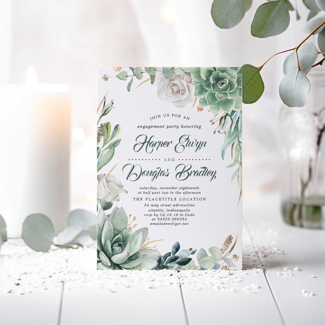 Convites Verde e Dourado | Festa de noivado de jardim russo (Succulents and White Flowers Greenery Engagement Party Invitations)
