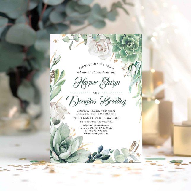 Convites Verde e Dourado | Janto de ensaio do jardim russo (Succulents and White Flowers Elegant Rehearsal Dinner Invitations)