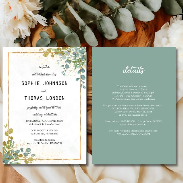 Convites Verde e dourado Tudo em um eucalipto aquarela (Criador carregado)