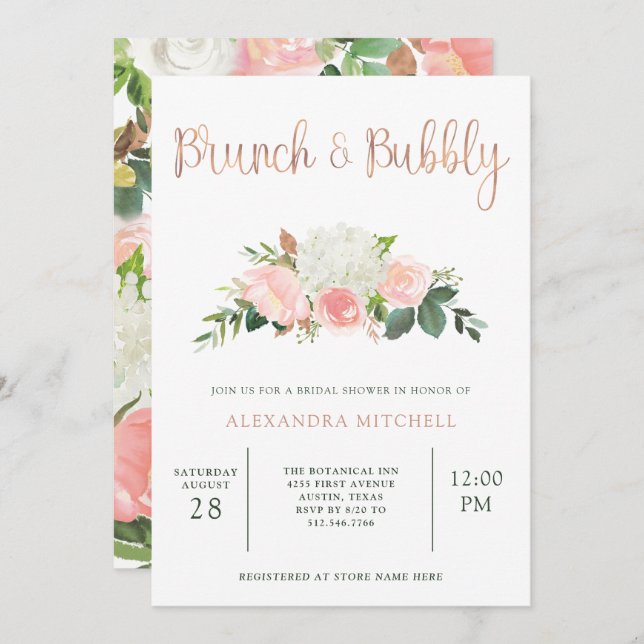 Convites Verde e Floral Rosa| Brunch e Bubble (Frente/Verso)