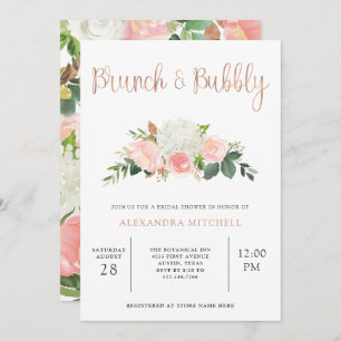 Convites Verde e Floral Rosa Brunch e Bubble