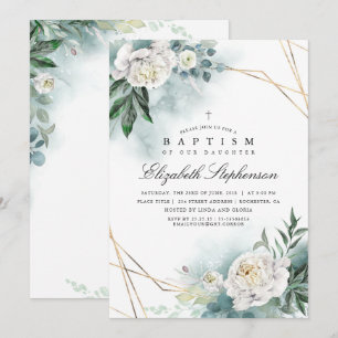 Convites Verde e Flores Brancas Elegantes Batismo Moderno