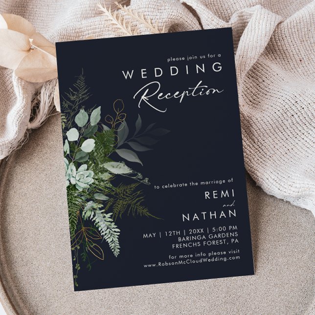 Convites Verde e Folha Dourada Recepção de Casamento Azul-M (Criador carregado)