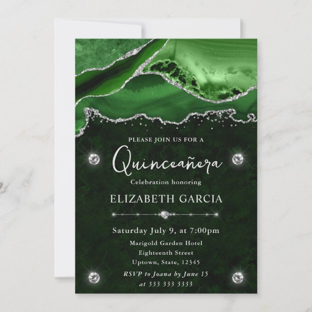 Convites Verde e Prata Brilho Ágata Quinceanera (Frente)