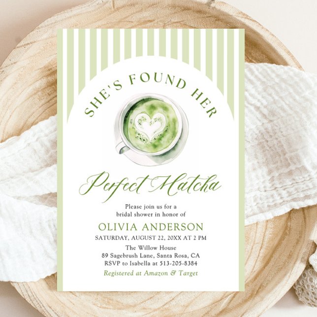 Convites Verde Ela encontrou seu perfeito Chá de panela Mat (Watercolor Green She's Found Her Perfect Matcha Bridal Shower Invitation)