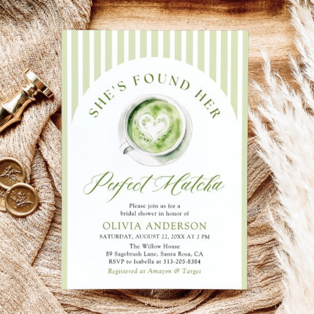 Convites Verde Ela encontrou seu perfeito Chá de panela Mat (Watercolor Green She's Found Her Perfect Matcha Bridal Shower Invitation)