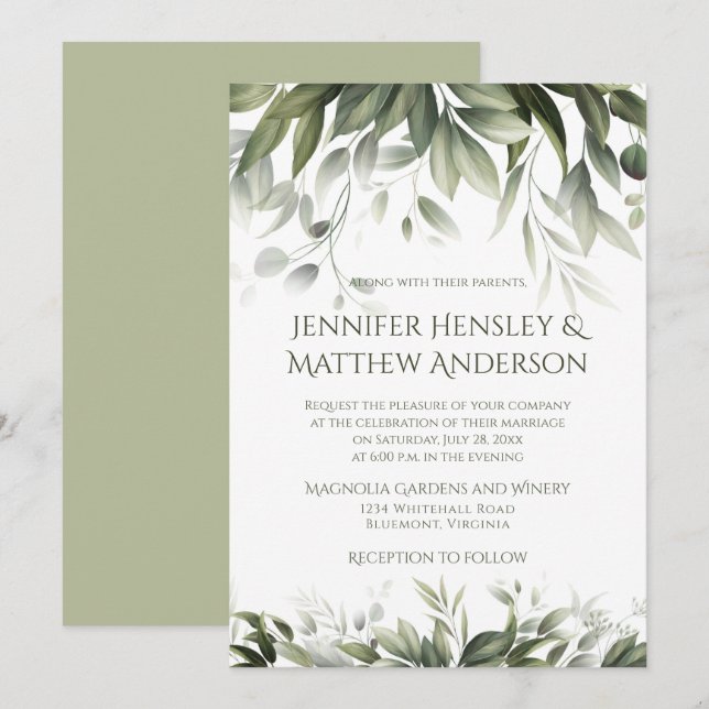 Convites Verde elegante Botânico - Verde-Oliva Claro (Frente/Verso)