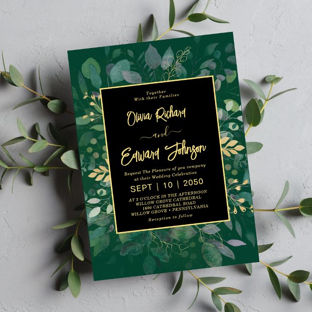 Convites Verde Elegante e quadro geométrico Dourado Eucalyp (Criador carregado)