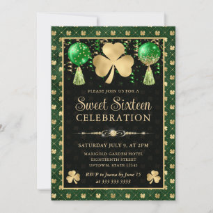 Convites Verde elegante e Shamrock Dourado Doce Dezesseis
