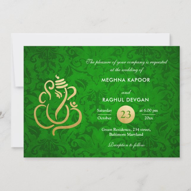 Convites Verde Elegante Gold Foil Ganesha Indian Damask (Frente)