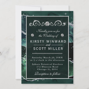 Convites Verde Escuro & Brilho de Prata Falsa Casamento de 