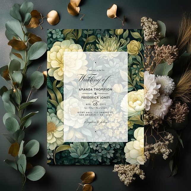 Convites Verde escuro, creme e Dourado casamento Floral (Criador carregado)