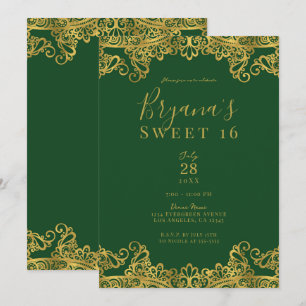 Convites Verde Escuro e Dourado Renda Festa Elegante Doçura