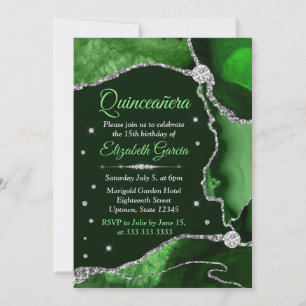 Convites Verde Escuro e Prata Brilho Agata Quinceanera