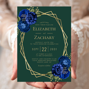 Convites Verde Esmeralda Azul Real Floral Dourado Casamento