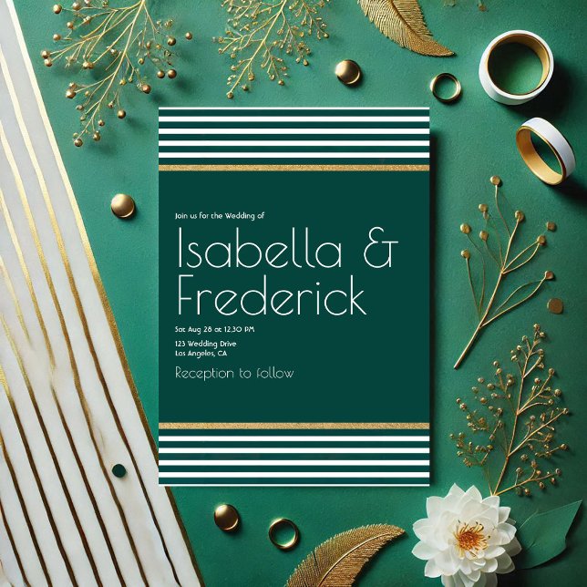Convites Verde Esmeralda Moderno, Casamento Branco e Dourad (Modern Emerald Green, White and Gold Wedding Invitation)