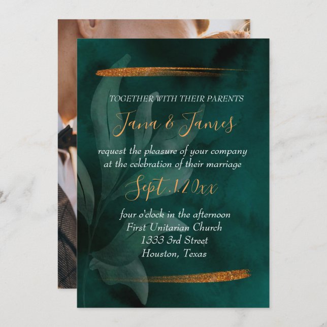 Convites verde-esmeralda moderno e folhas (Frente/Verso)