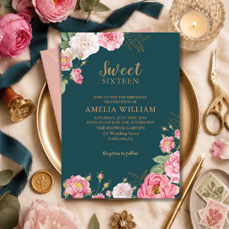 Convites Verde Esmeralda Rosa Floral Doce 16 Aniversário