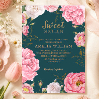 Convites Verde Esmeralda Rosa Floral Doce 16 Aniversário