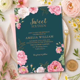 Convites Verde Esmeralda Rosa Floral Doce 16 Aniversário