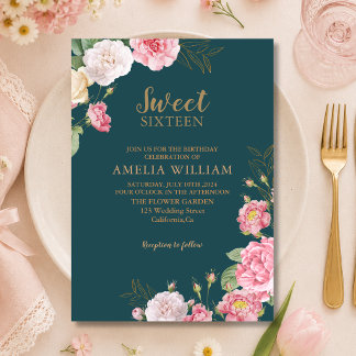 Convites Verde Esmeralda Rosa Floral Doce 16 Aniversário