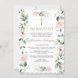 Convites Verde Espanhol Floral Rosa Mi Bautizo Baptism
