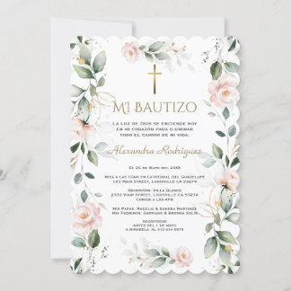 Convites Verde Espanhol Floral Rosa Mi Bautizo Baptism