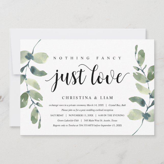 Convites Verde Eucalipto, Tinta Preta, Casamento Fugitivo (Frente)