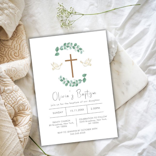 Convites Verde Eucalyptus Baptism Criador da Cruz de Aves (Greenery Eucalyptus Bird Cross Christening Baptism Invitation)