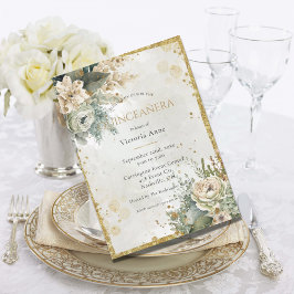 Convites Verde Floral Água Dourada Cinecañera