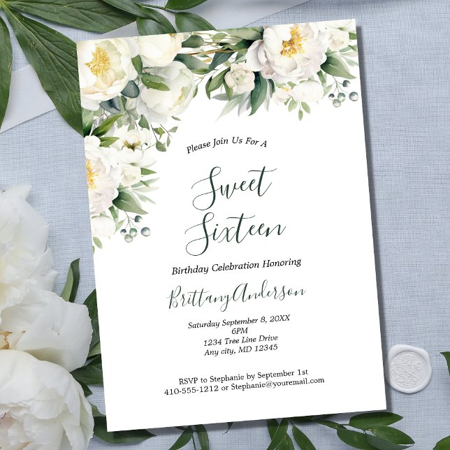 Convites Verde Floral Branco Doce Botânico Dezesseis 16 (White Floral Greenery Formal Sweet Sixteen Birthday Party Invitation)