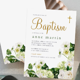 Convites Verde Floral Branco Elegante com Batismo Cruzado