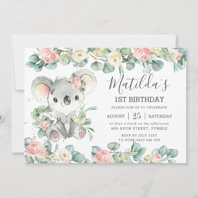 Convites Verde Floral Eucalyptus Cute Koala Aniversário (Frente)