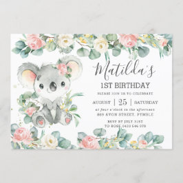 Convites Verde Floral Eucalyptus Cute Koala Aniversário