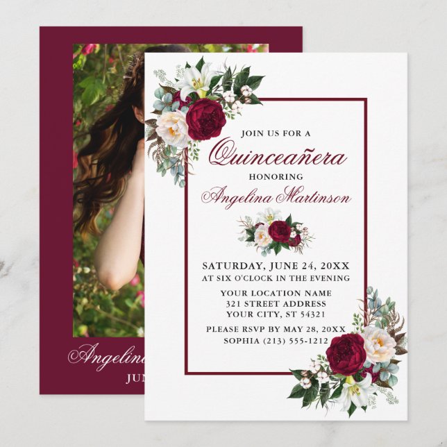 Convites Verde Floral Moderno Burgundy Foto Quinceanera (Frente/Verso)
