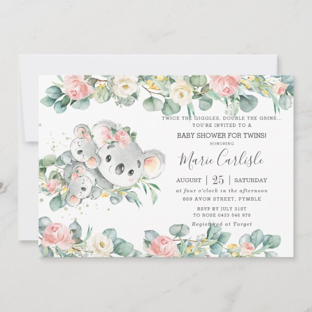 Convites Verde Floral Rosa Chá de fraldas Koala Garotas Gêm (Frente)