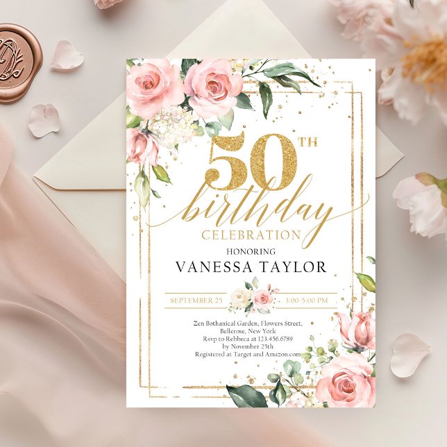 Convites Verde floral rosa pincelado boêmico e ouro 50º (boho blush pink flowers roses mixed green eucalyptus on gold frame 50th birthday invitation)
