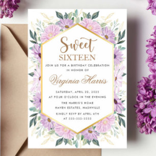 Convites Verde Floral Roxo Doce Dezesseis e Dezesseis e Dez